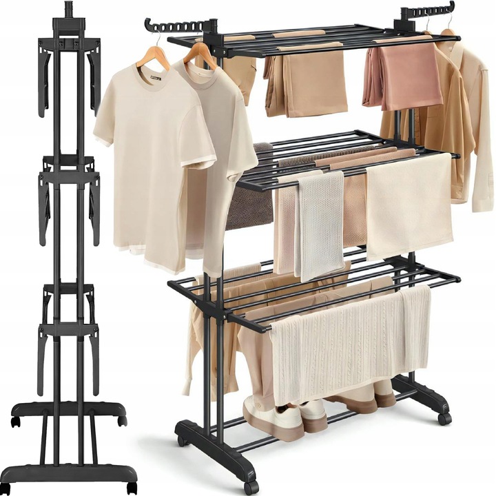 Renew Force ruhaszárító, függőleges, nagy kapacitású, 3 szintes, fekete, 120x173x63cm