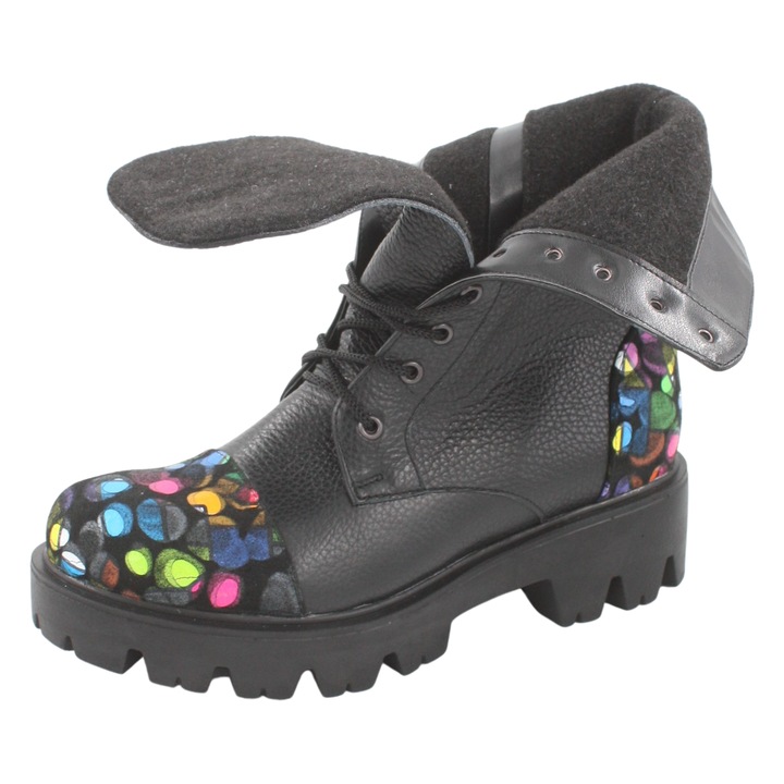 Bocanci dama, SandAli, piele naturala cu imprimeu buline colorate, negru, 5, 5, Negru