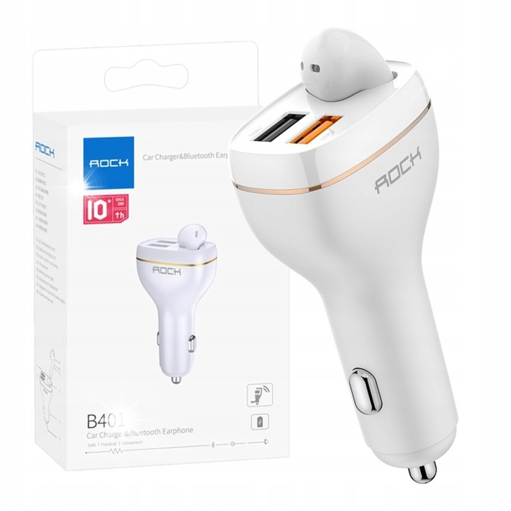 ROCK B401 autós töltő + Bluetooth headset szett, 2 USB port, Quick Charge 3.0, 12-24V