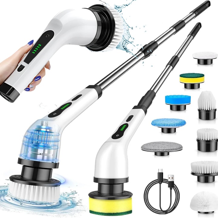 Perie electrica rotativa pentru curatare 9 in 1, Luxofia, fara fir, maner telescopic reglabil, 2 viteze, protectie ipx7, baterie 2500mah, autonomie pana la 90 minute, alb