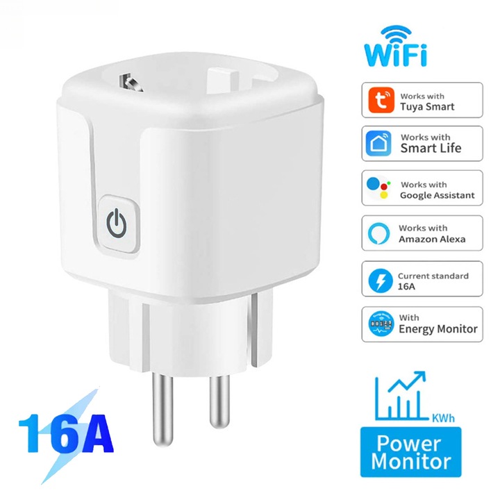 Смарт контакт Beeherb, Wi-Fi, 16A, 3680W, Мониторинг на консумацията на енергия, Дистанционно управление чрез приложението Tuya/SmartLife, Програмиране и таймер, Защита от претоварване, 100-240V, Матово бял