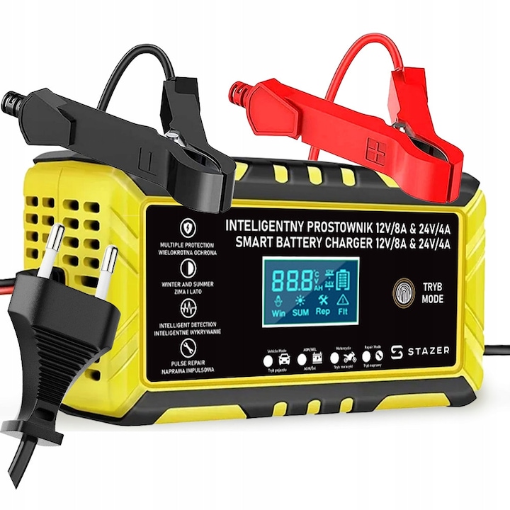 Stazer 12V/24V, 8A autós akkumulátortöltő, sárga-fekete, 15x9x6.2cm