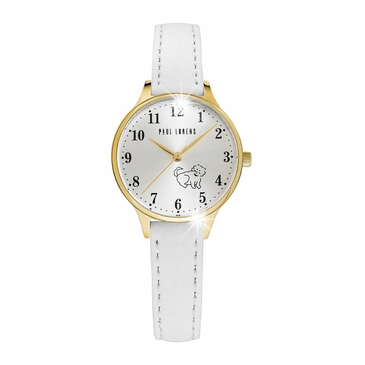 Детски часовник Paul Lorens, модел Кученце PL12491A2-3C2, златист корпус, бяла кожена каишка, комплект с кутия.