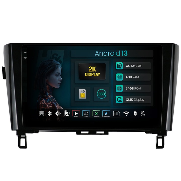 Navigatie 2K HUB64 Nissan Qashqai, X-Trail (2013, ), 4GB RAM, Android 13, Octacore, Slot Sim 4G, DSP, GPS, Wi-FI, Carplay, Android Auto, USB, Bluetooth, Waze, Touchscreen, 10.36 Inch