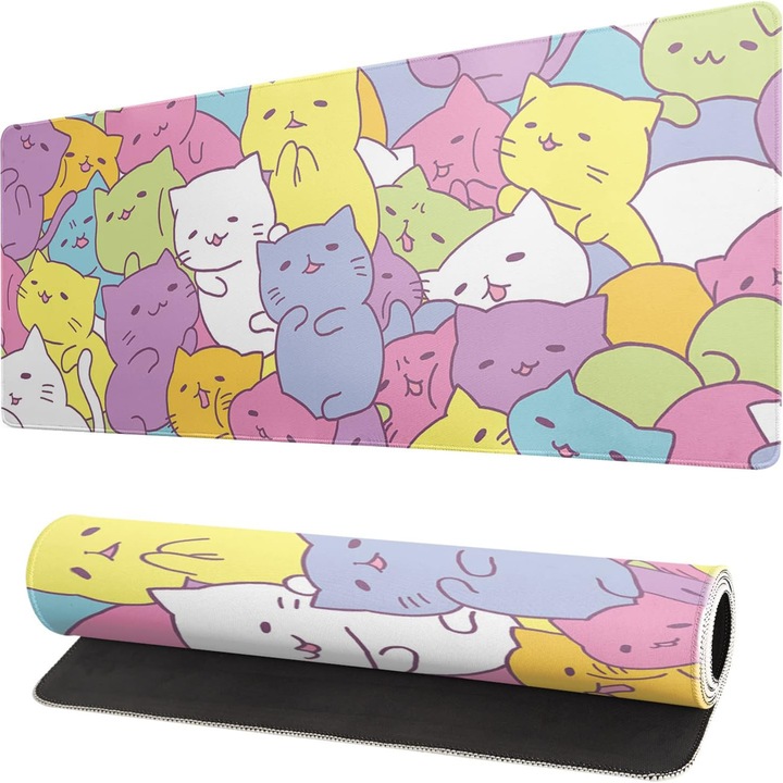 Mouse Pad Gaming cu Pisici, Mare, Extins, Pad pentru Tastatura si Birou, Margini Cusute, Baza Lunga din Cauciuc Anti-Alunecare de 2mm Grosime, pentru Laptop, Tastatura, Calculator pentru Decor Birou, 90x40cm