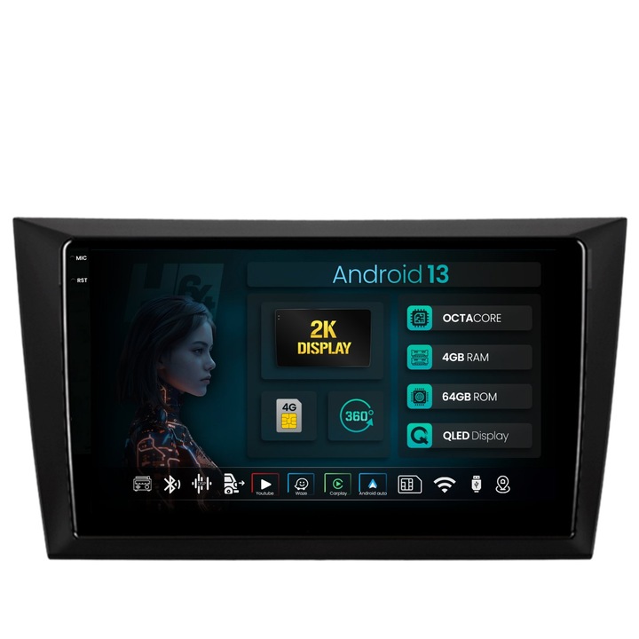 Navigatie 2K HUB64 Volkswagen Golf 6, 4GB RAM, Android 13, Octacore, Slot Sim 4G, DSP, GPS, Wi-FI, Carplay, Android Auto, USB, Bluetooth, Waze, Touchscreen, 9.5 Inch