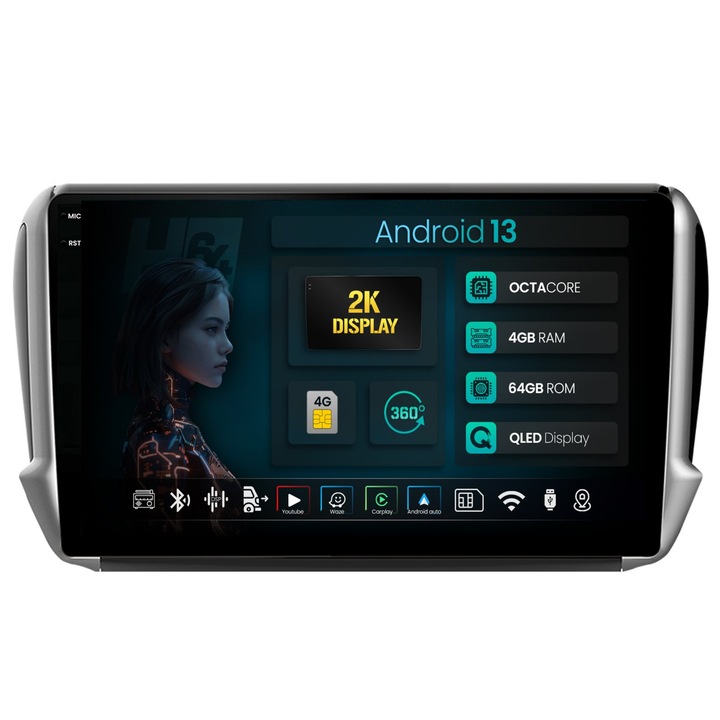 Navigatie 2K HUB64 Peugeot 208, 2008 (2012, ), 4GB RAM, Android 13, Octacore, Slot Sim 4G, DSP, GPS, Wi-FI, Carplay, Android Auto, USB, Bluetooth, Waze, Touchscreen, 10.36 Inch