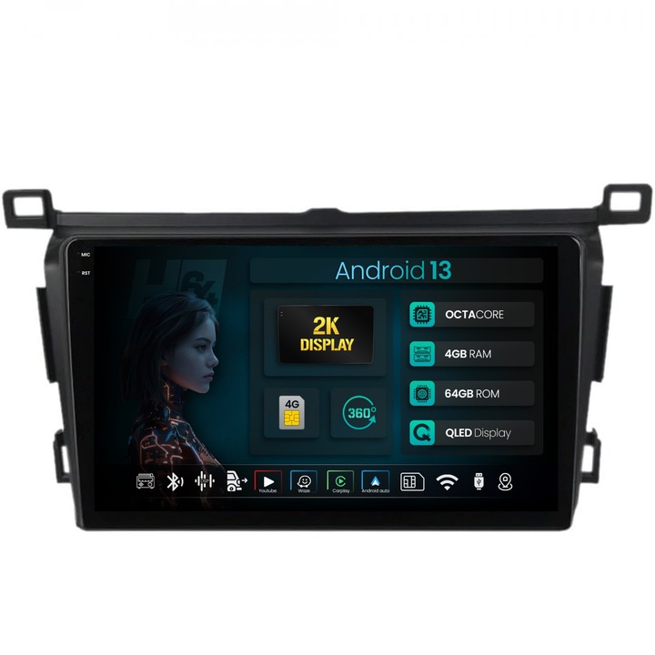 Navigatie 2K HUB64 Toyota RAV4 (2013-2018), 4GB RAM, Android 13, Octacore, Slot Sim 4G, DSP, GPS, Wi-FI, Carplay, Android Auto, USB, Bluetooth, Waze, Touchscreen, 9.5 Inch