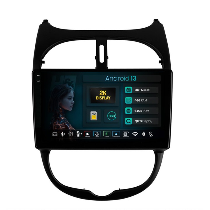 Navigatie 2K HUB64 Peugeot 206 (1998-2012), 4GB RAM, Android 13, Octacore, Slot Sim 4G, DSP, GPS, Wi-FI, Carplay, Android Auto, USB, Bluetooth, Waze, Touchscreen, 9.5 Inch