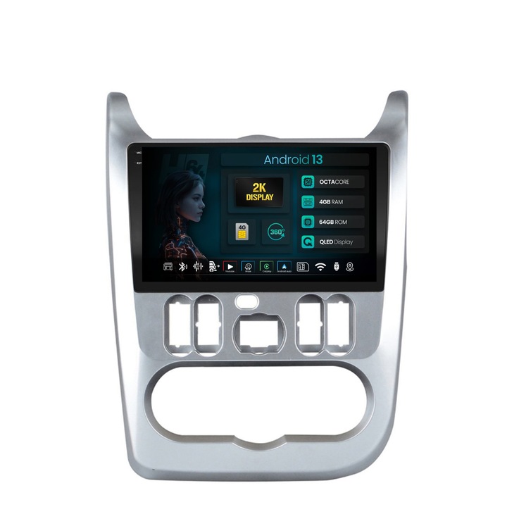 Navigatie 2K HUB64 Dacia Logan, Duster, Sandero (2009-2015), 4GB RAM, Android 13, Octacore, Slot Sim 4G, DSP, GPS, Wi-FI, Carplay, Android Auto, USB, Bluetooth, Waze, Touchscreen, 9.5 Inch