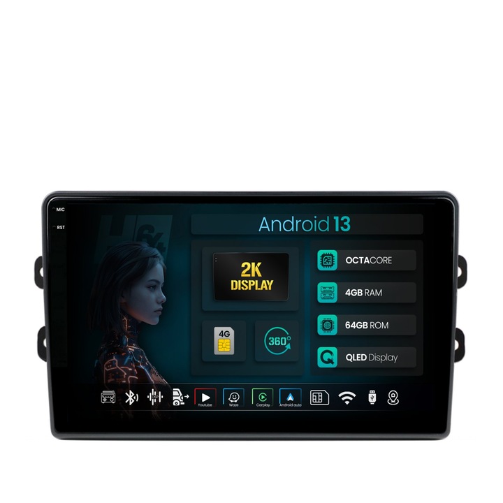 Navigatie 2K HUB64 Dacia, Renault, 4GB RAM, Android 13, Octacore, Slot Sim 4G, DSP, GPS, Wi-FI, Carplay, Android Auto, USB, Bluetooth, Waze, Touchscreen, 9.5 Inch