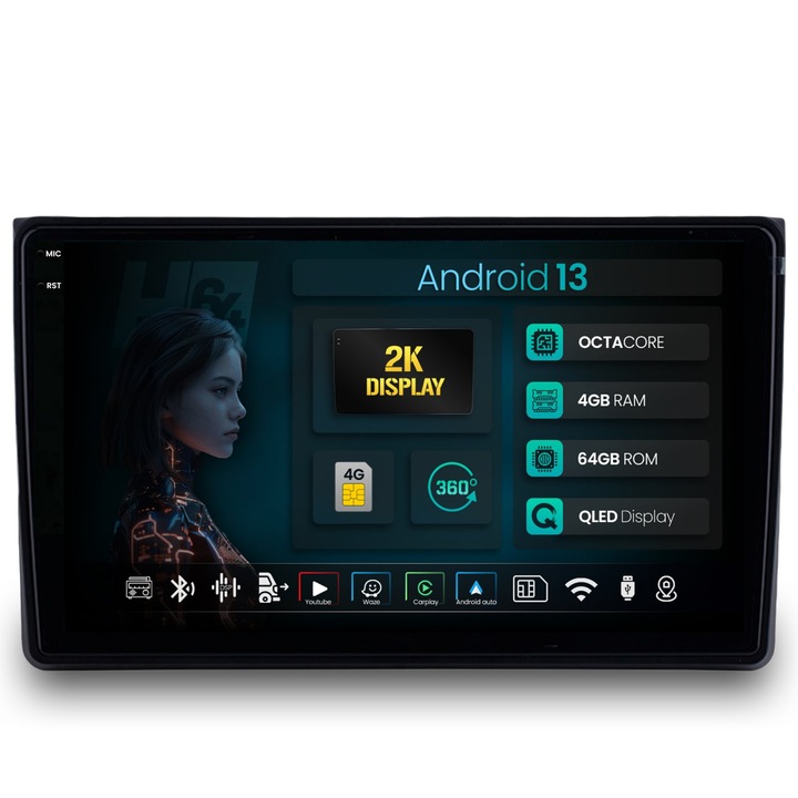 Navigatie 2K HUB64 Audi A4(B6, B7), Seat Exeo, 4GB RAM, Android 13, Octacore, Slot Sim 4G, DSP, GPS, Wi-FI, Carplay, Android Auto, USB, Bluetooth, Waze, Touchscreen, 9.5 Inch