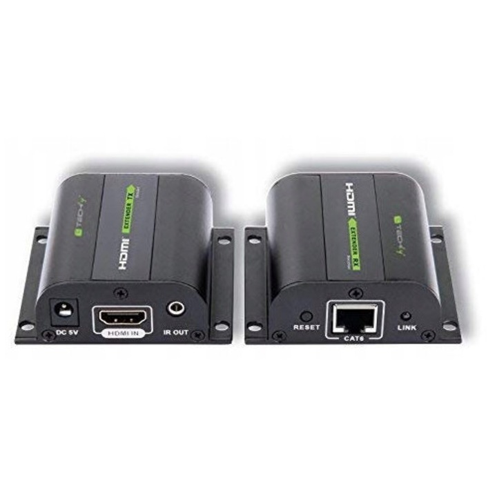 HDMI удължител Techly Extender, 60м, с IR приемник, метален, за Cat6/Cat7 кабел