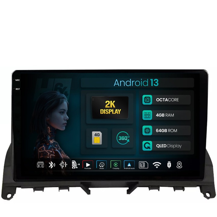 Navigatie 2K HUB64 Mercedes Benz C-Class W204 (2006-2012), 4GB RAM, Android 13, Octacore, Slot Sim 4G, DSP, GPS, Wi-FI, Carplay, Android Auto, USB, Bluetooth, Waze, Touchscreen, 9.5 Inch