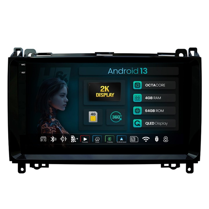 Navigatie 2K HUB64 Mercedes Benz Sprinter, Viano, Vito, A, B Class, Crafter, 4GB RAM, Android 13, Octacore, Slot Sim 4G, DSP, GPS, Wi-FI, Carplay, Android Auto, USB, Bluetooth, Waze, Touchscreen, 9