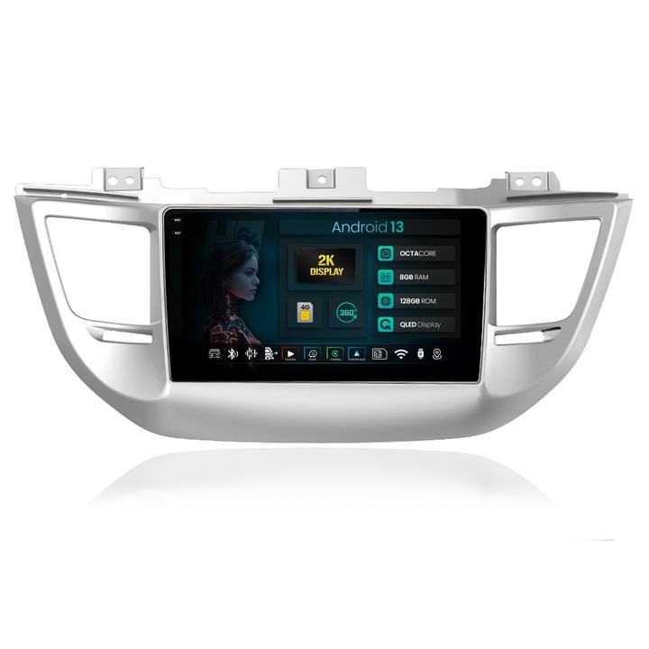 Navigatie 2K HUB64 Hyundai Tucson 3 (2015-2018), 8GB RAM, Android 13, Octacore, Slot Sim 4G, DSP, GPS, Wi-FI, Carplay, Android Auto, USB, Bluetooth, Waze, Touchscreen, 9.5 Inch