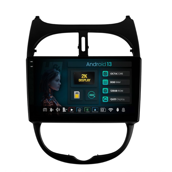 Navigatie 2K HUB64 Peugeot 206 (1998-2012), 8GB RAM, Android 13, Octacore, Slot Sim 4G, DSP, GPS, Wi-FI, Carplay, Android Auto, USB, Bluetooth, Waze, Touchscreen, 9.5 Inch