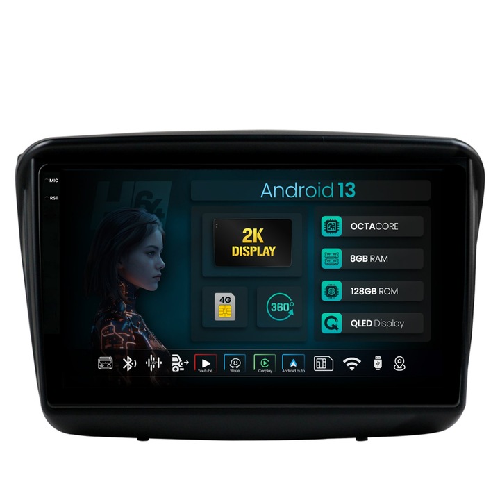 Navigatie 2K HUB64 Mitsubishi L200, Pajero Sport, 8GB RAM, Android 13, Octacore, Slot Sim 4G, DSP, GPS, Wi-FI, Carplay, Android Auto, USB, Bluetooth, Waze, Touchscreen, 9.5 Inch