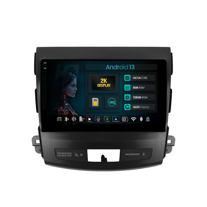 Navigatie 2K HUB64 Mitsubishi Outlander, Peugeot 4007, Citron C-Crosser, 8GB RAM, Android 13, Octacore, Slot Sim 4G, DSP, GPS, Wi-FI, Carplay, Android Auto, USB, Bluetooth, Waze, Touchscreen, 9