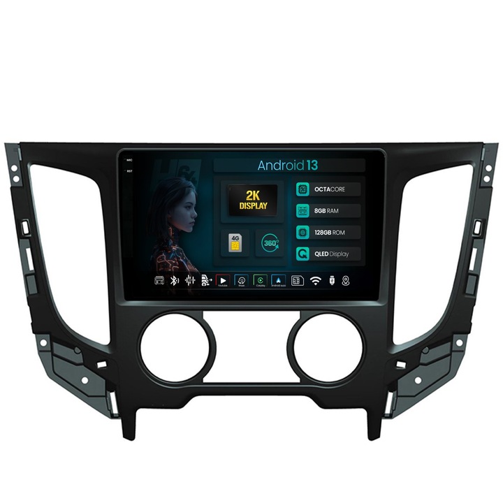 Navigatie 2K HUB64 Mitsubishi L200 (2014-2020), 8GB RAM, Android 13, Octacore, Slot Sim 4G, DSP, GPS, Wi-FI, Carplay, Android Auto, USB, Bluetooth, Waze, Touchscreen, 9.5 Inch