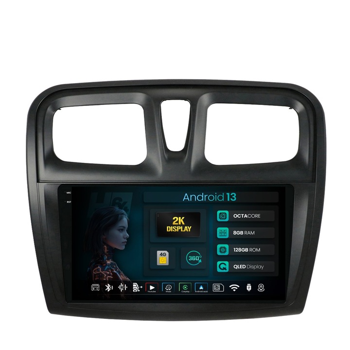 Navigatie 2K HUB64 Dacia Logan, Sandero, 8GB RAM, Android 13, Octacore, Slot Sim 4G, DSP, GPS, Wi-FI, Carplay, Android Auto, USB, Bluetooth, Waze, Touchscreen, 9.5 Inch