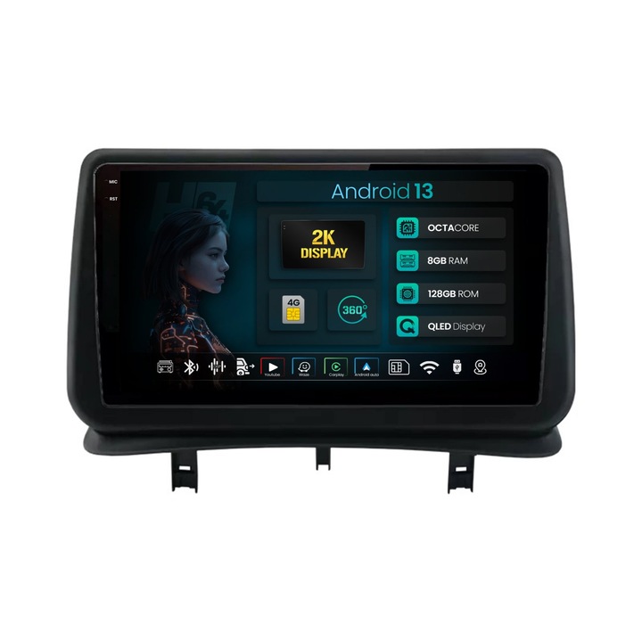 Navigatie 2K HUB64 Renault Clio 3 (2005-2013), 8GB RAM, Android 13, Octacore, Slot Sim 4G, DSP, GPS, Wi-FI, Carplay, Android Auto, USB, Bluetooth, Waze, Touchscreen, 9.5 Inch