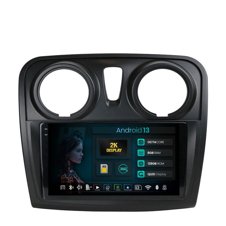 Navigatie 2K HUB64 Dacia Logan, Sandero, 8GB RAM, Android 13, Octacore, Slot Sim 4G, DSP, GPS, Wi-FI, Carplay, Android Auto, USB, Bluetooth, Waze, Touchscreen, 9.5 Inch