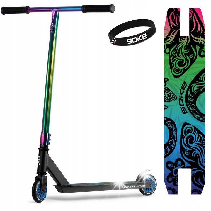 SOKE EVO street roller, fekete szivárványos, 100x24mm, ABEC-9, 3,45kg, matricákkal és karkötővel