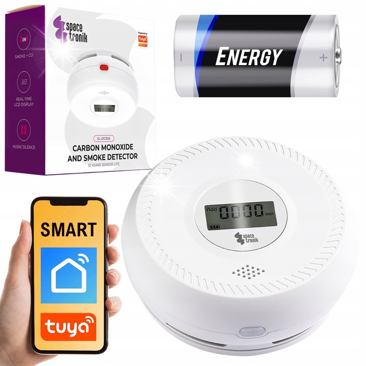Centrala de detectare a fumului si monoxidului de carbon 2 in 1 Spacetronik, WiFi, alimentare cu baterii