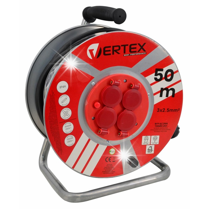 Hosszabbító dob VERTEX 50m 3x2,5mm 3000W IP44, 4 aljzat, kültéri, fekete
