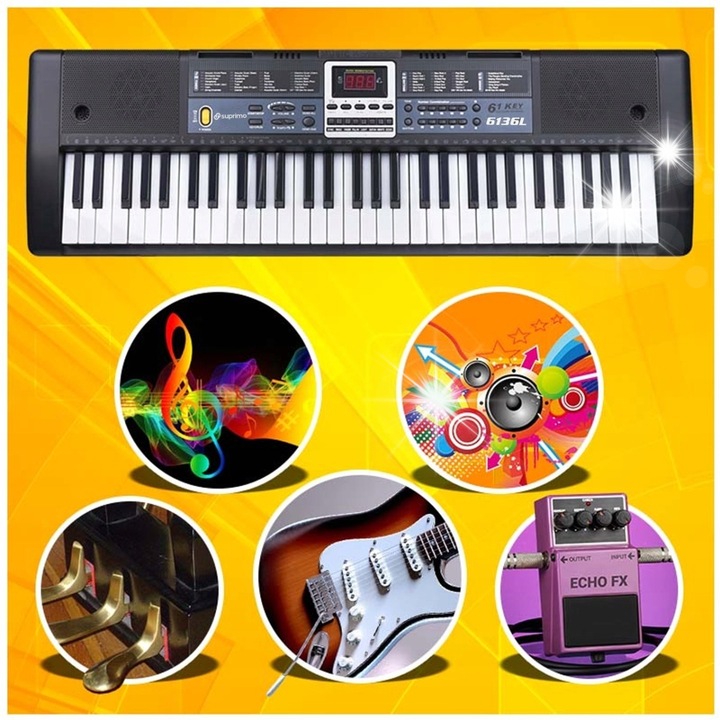 Oktató billentyűzet Suprimo 6136L, 61 billentyű, mikrofonnal, világító billentyűkkel, 81x25x7cm