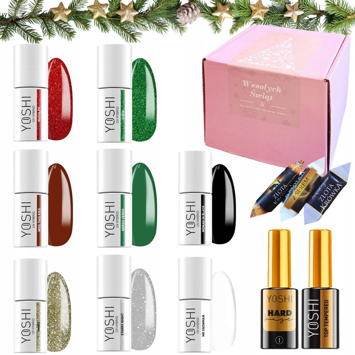 Set Yoshi 8x lacuri hibride 6ml, alb, negru, rosu, verde, argintiu, auriu, rosu cu sclipici, verde cu sclipici, baza 10ml, top 10ml