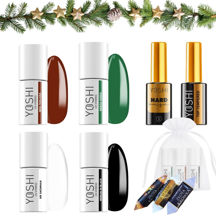 Set sarbatorile Yoshi 4x lacuri hibride 6ml, alb, negru, rosu, verde, baza 10ml, top 10ml