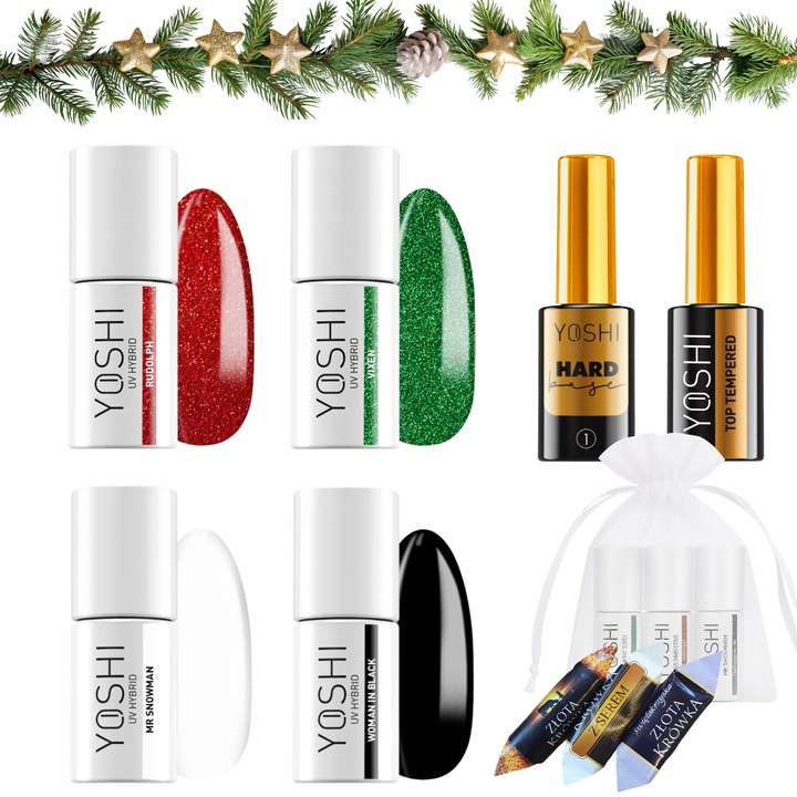 Set de lacuri hibride Yoshi 4x6ml alb, negru, rosu sclipitor, verde sclipitor, baza 10ml, top 10ml