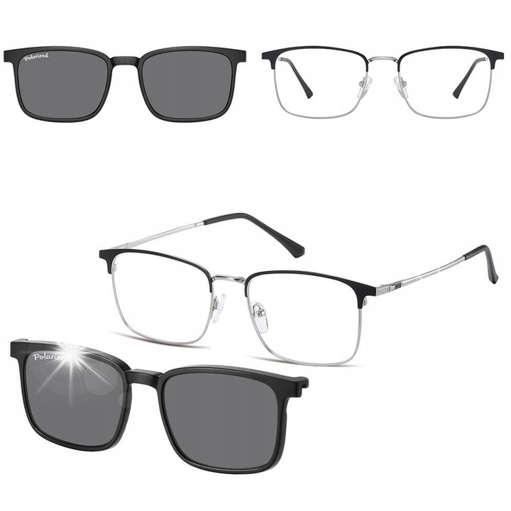 Okulary 2w1 pentru barbati, Sunoptic, optiune corectiva cu clip-on polarizat, gri-negru, dimensiuni 53x18x145mm