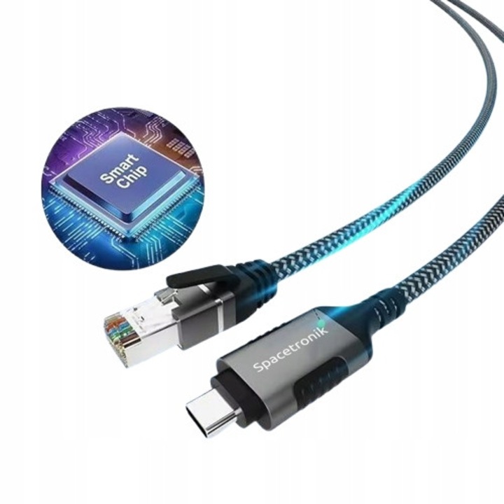 Cablul de retea SPACETRONIK USB-C la RJ45, 1Gbps, 2m, adaptor LAN, card de retea incorporat