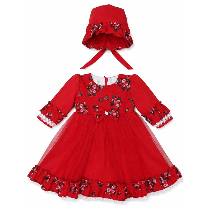 Rochita botez si boneta cu motive traditionale, maneca lunga, 6-9 luni