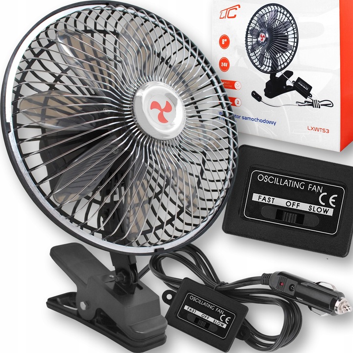 LTC forgó autóventilátor, 8 hüvelykes, 12V/24V, oszcilláló, fekete, komplett készlet