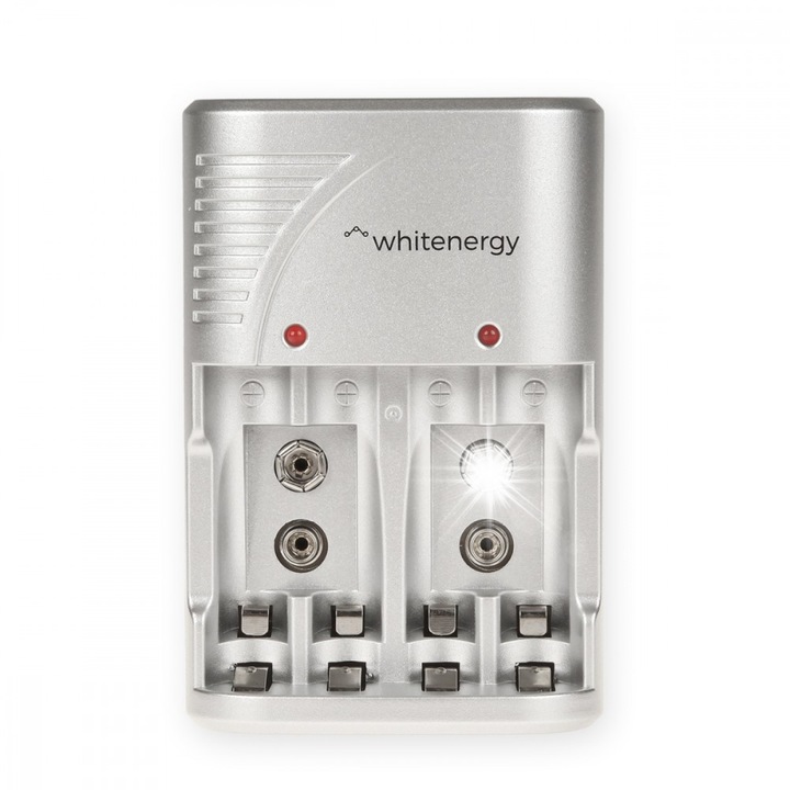 Whitenergy 06452 hálózati töltő 4x AA/AAA és 1x 9V-os akkumulátorhoz, 400mA, LED, 100x70x65mm