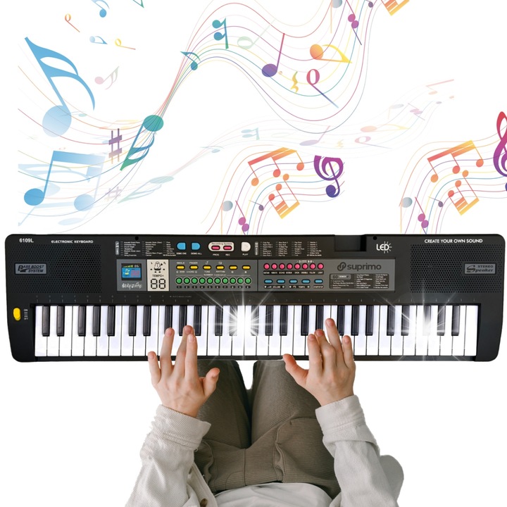 Orga Suprimo 6109L, 61 billentyű, mikrofon, kottaállvány, fekete, 76x20x5,7cm