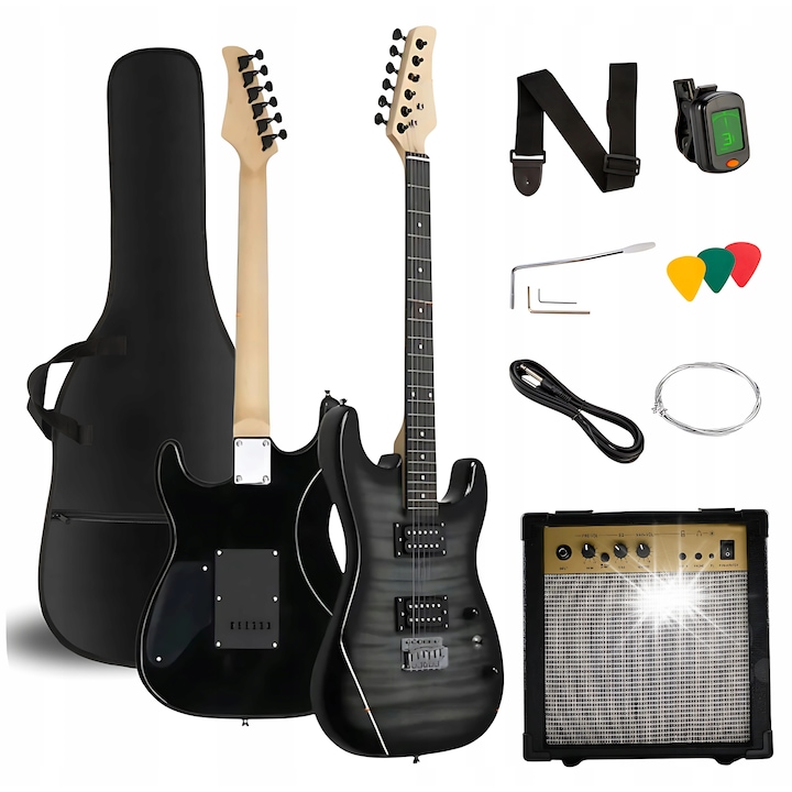 Електрическа китара Stratocaster 4/4 V-Tone, зелена, пълен комплект с усилвател 10W, калъф, тунер, колан, резервни струни, 98x33x6см