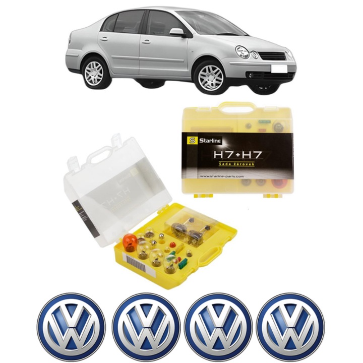 Kit trusa Set becuri H7 compatibila cu Volkswagen POLO IV Saloon (9A4, 9A2, 9N2, 9A6) din 2002-2012, bec far, semnalizare, pozitie, iluminare numar, frana, plafoniera, stop frana