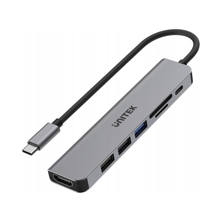 Хъб USB-C 7 в 1 Unitek, 3x USB-A, HDMI 4K, четец за SD и microSD, Power Delivery 100W
