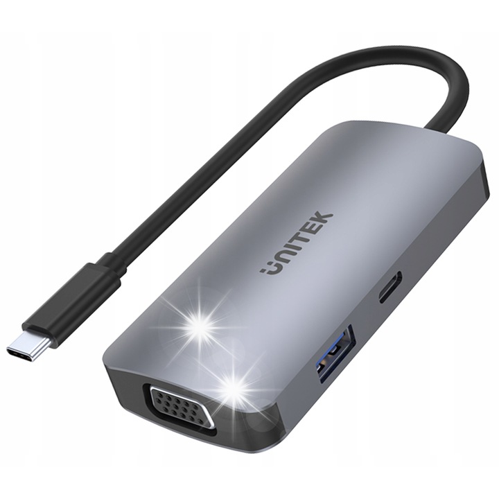 USB-C хъб Unitek с 2xHDMI, 1xVGA, 1xUSB A, 1xUSB C, Power Delivery, сив
