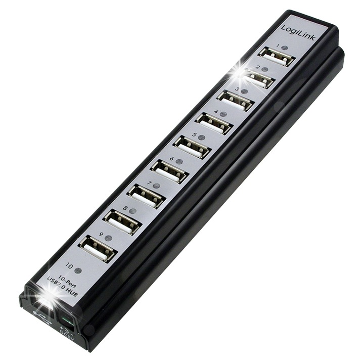 USB хъб с 10 USB Type A порта, активен, черен