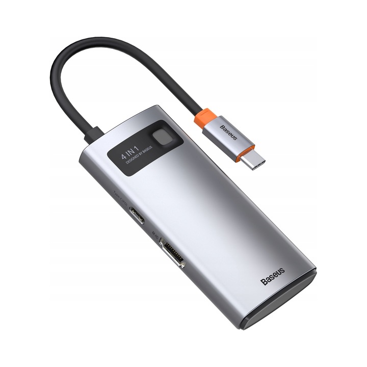 USB хъб Baseus Metal Gleam 4в1, сив, 100Wx4K, 10x3x1см