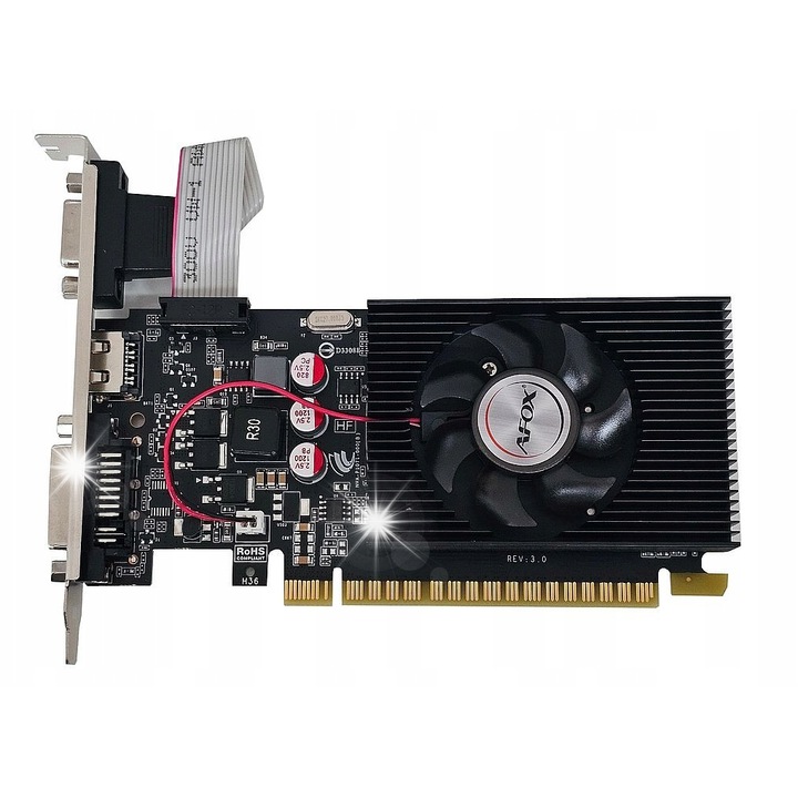 Afox GeForce GT610 1GB DDR3 videokártya, DVI, HDMI, VGA, alacsony és magas tartóval