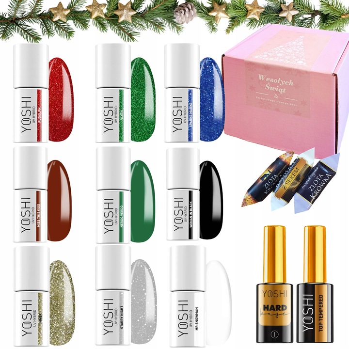 Set de lacuri hibride Yoshi 9x 6ml, alb, negru, rosu, verde, argintiu, auriu, rosu cu sclipici, verde cu sclipici, albastru cu sclipici, baza 10ml, top 10ml