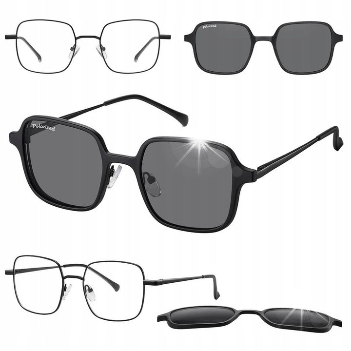 Okulary 2w1 cu oprawa corectiva si clip-on polarizant, Sunoptic, kwadrat, negru, set complet