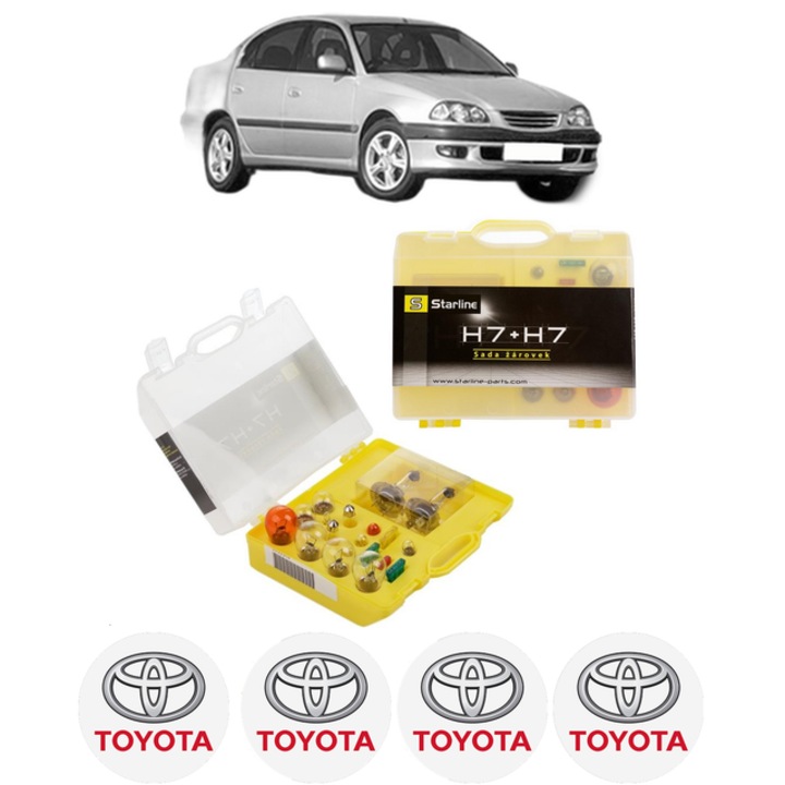 Kit trusa Set becuri H7 compatibila cu TOYOTA AVENSIS (_T22_) din 1997-2003, bec far, semnalizare, pozitie, iluminare numar, frana, plafoniera, stop frana